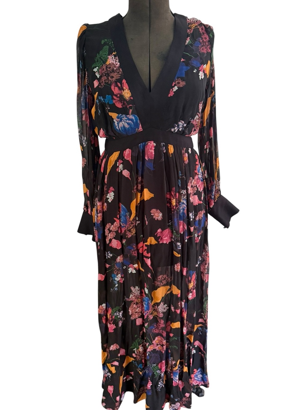Anthropologie Maeve Deep V Printed Maxi Dress Floral US 6 Boho Romantic